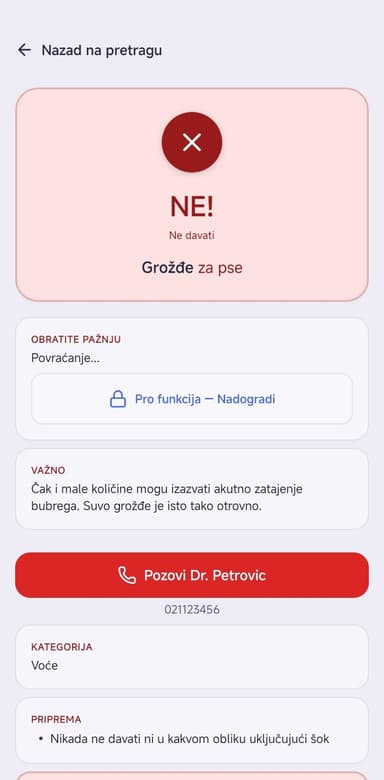 Toksičan rezultat sa dugmetom Pozovi veterinara