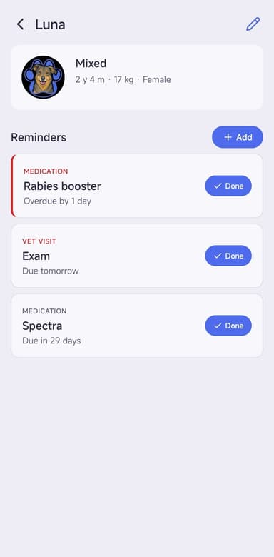 A pet profile with health reminders