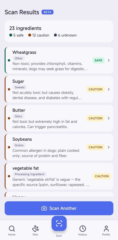 Scanning an ingredient label with the camera