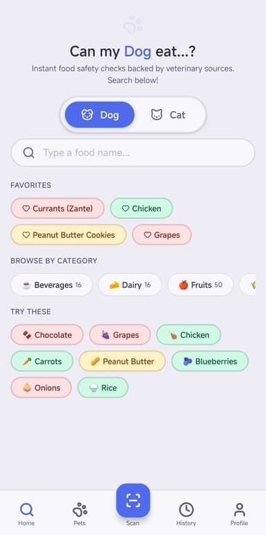 Lumis Paw home screen with food safety search